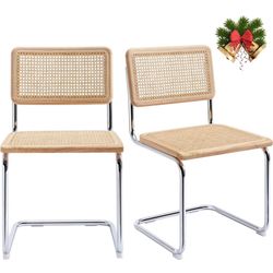 Rattan Dining Chairs Set of 2, Mid Century Modern Dining Chairs with Cane Backrest & Stainless Chrome Base, Modern Side Chairs Breuer Designed, Uphols