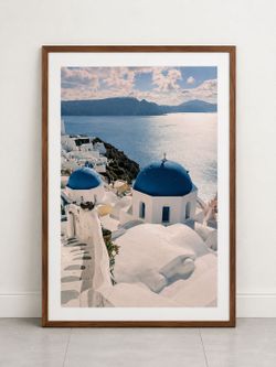 Large Framed Santorini Greece Blue Dome Wall Art
