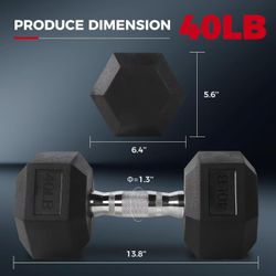 🥨2Pcs 40LB RitFit Rubber Encased Hex Dumbbell Sets with Optional Rack for Home Gym, Coated Hand Weights for Strength Training, Workouts