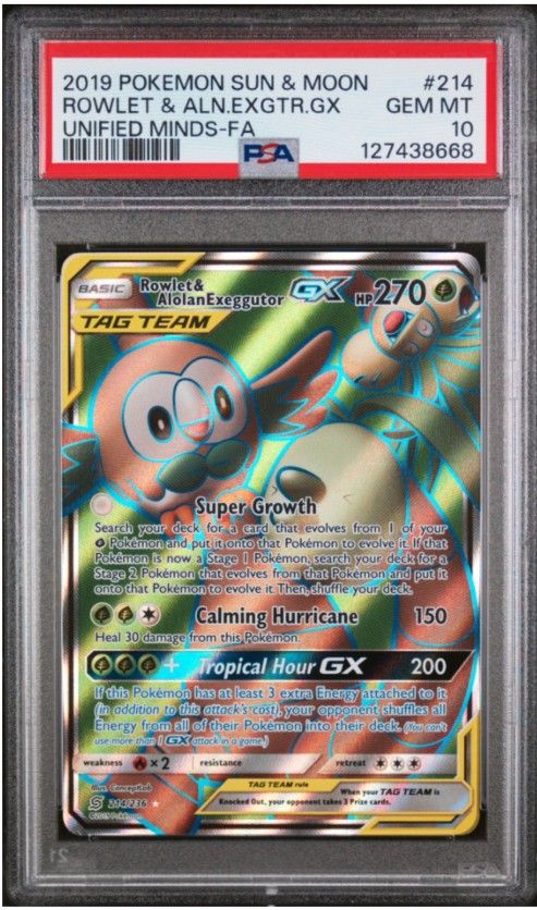 Pokemon Unified Minds Rowlet & Alolan Exeggutor GX Full Art PSA 10