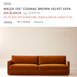 Brand New CB2 Velvet Sofa/Couch, 100”