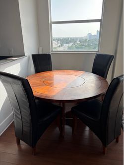 56” Round Wood Dining Table w/ Lazy Susan + 4 Chairs - $120