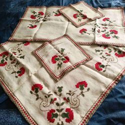 Vintage Handmade Bulgarian Folk Art Cross Stitch Linen Tablecloth Doily Set Red