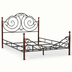Wesson Home Adison Queen Bed Frame Features Ornate Bronze Scrolls and Cherry wood finish posts