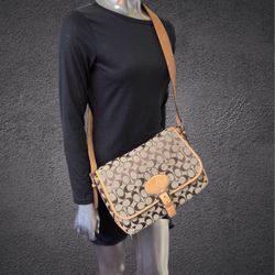 Coach Front Flap Signature Canvas Tan Leather Bag