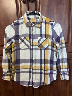 There Abouts BOYS M 10/12 Yellow Purple Plaid Flannel L/S Button Up Shirt