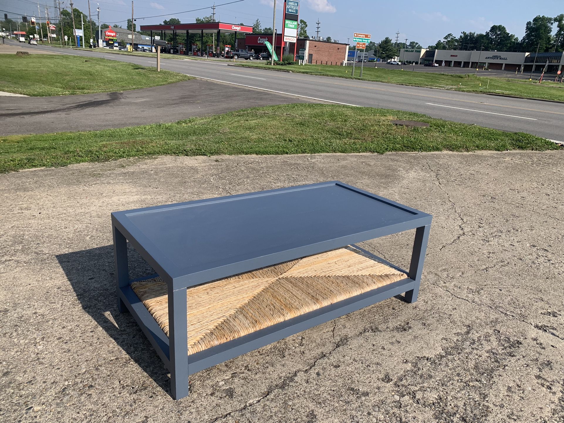 Wood Coffee Table With Woven Lower Shelf