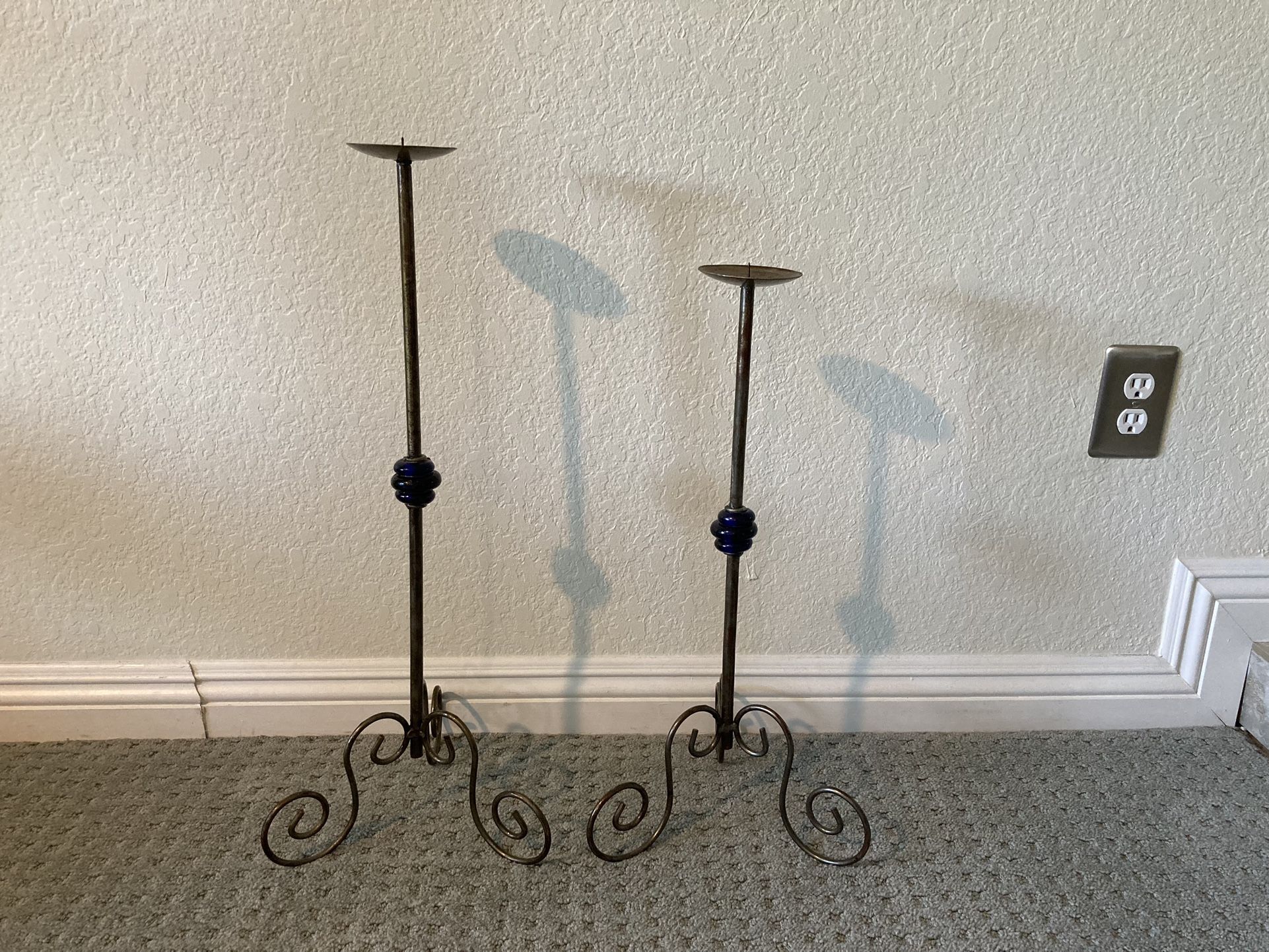 Metal Candle Holders Cobalt Blue Glass Accent