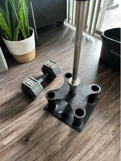 Single 55 lb dumbbell with weights barbell 5 hole storage rack $50 for both