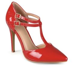 Journee Collection Womens Tru T-Strap Pumps Heels Red Faux Patent Leather size 8