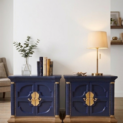 Dark Navy Vintage Nightstand - Solid Wood Nightstand End Table Dresser Funiture