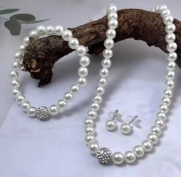 3 PCS Imitation Pearl Fireball Necklace Bracelet Earring Stud Jewelry Set Silver Color Crystal Stone Elegant Bridal Jewelr