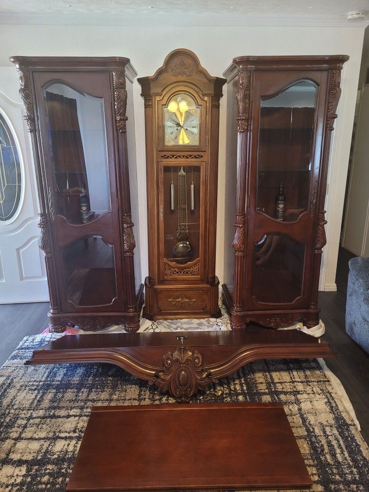 Antique Cabinet Display & Grandfather Clock