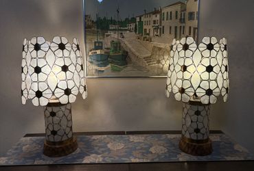 2 Beautiful Matching  Mid-Century Capiz Shell Table Lamps with Shades - MCM