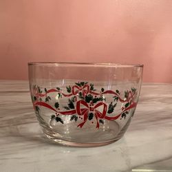 Vintage Libby Glass Christmas Candy Dish Ribbon Holly And Berry 4 1/4" Bowl Gold Rim