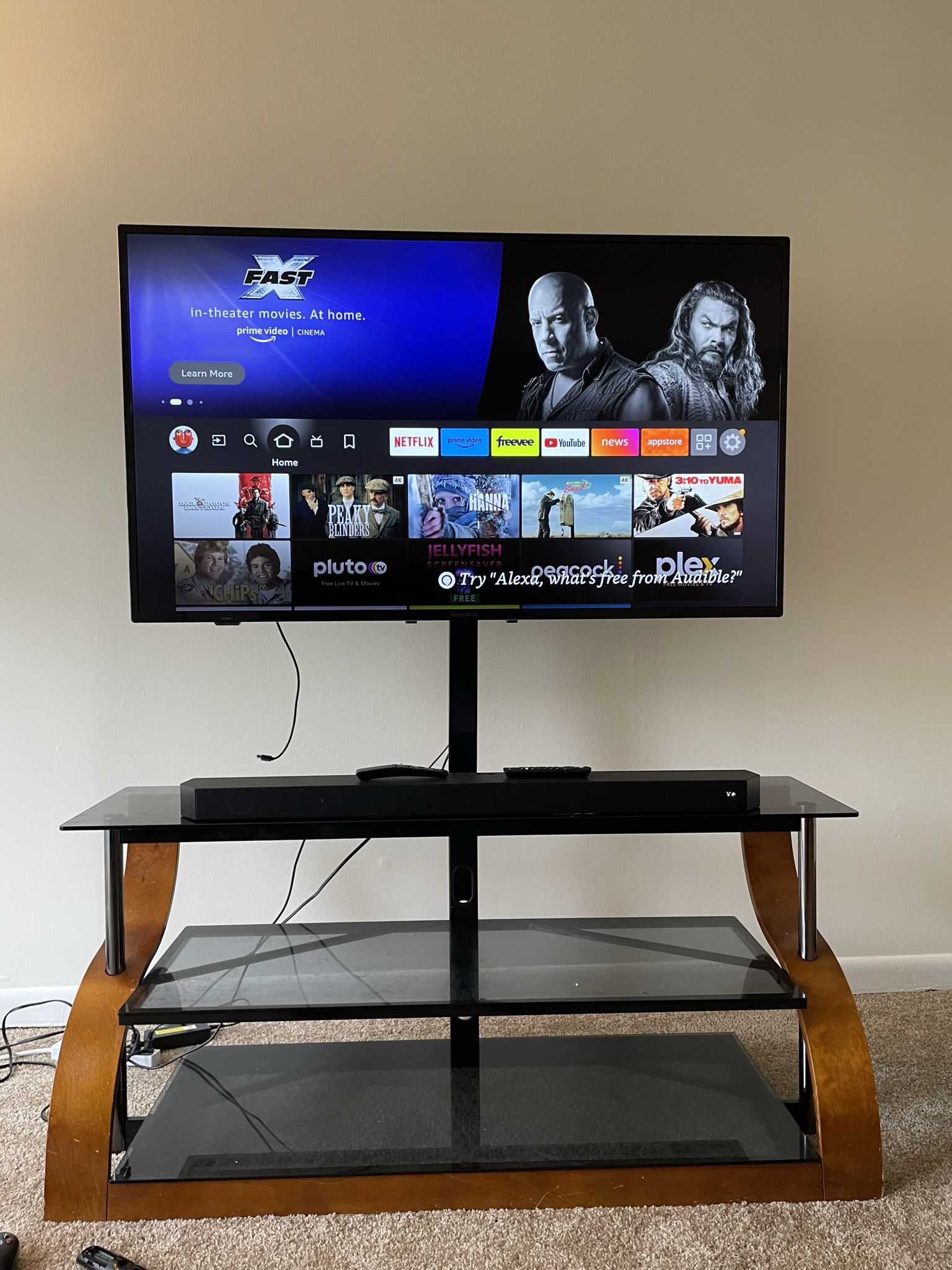 55” TV w/ Stand, Sound Bar, And Sub