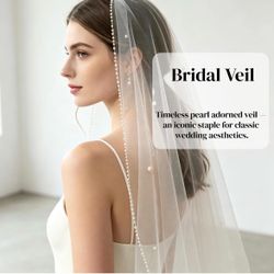 Pearl Beaded Edge Bridal Veil with Comb, Soft Tulle Fingertip Veil