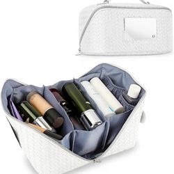  Large Checkered Travel Makeup Bag with Mirror – White Plastic Toiletry Bag with 3 Compartments, 4 Side Pouches, Hanging Cosmetic Bag for Skincare, Br