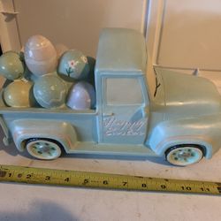  Large Easter Truck Filled W/ Eggs Decoration, 13 Inches Long, Happy Easter On Truck Doors, Tons Of Carved Details