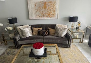 Gray Velvet Tufted Sofa with Nailhead Trim
