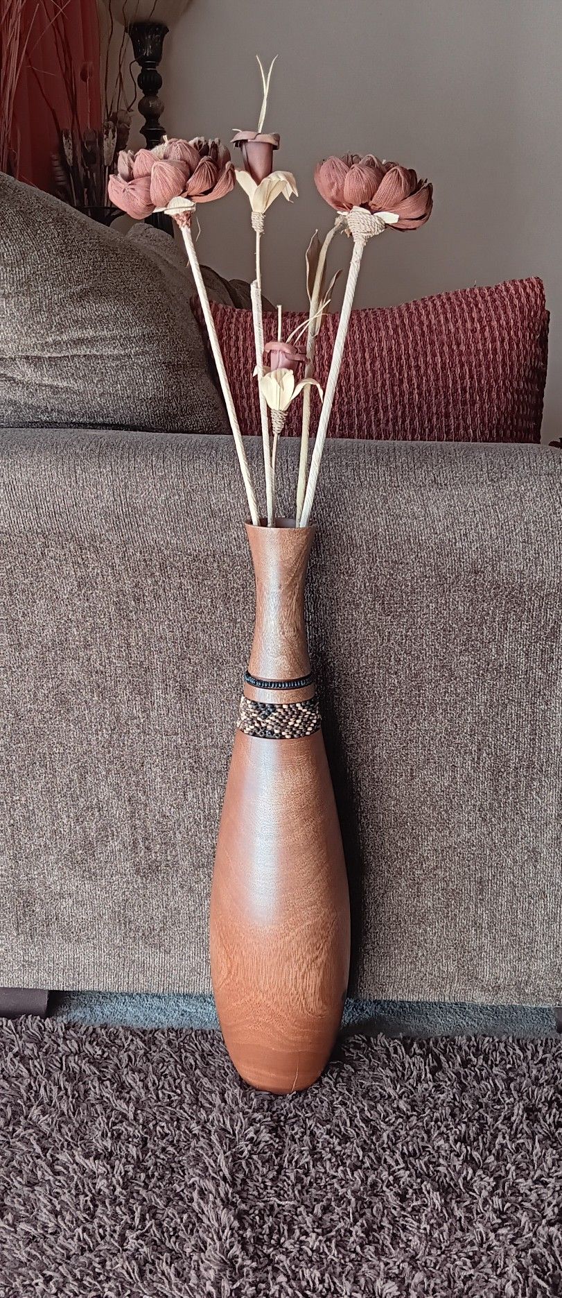 Tall Wood Floor Vase with Dry Flowers, 39" Wooden Vase with 4 Floral Stems, Home Decor 