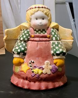 VINTAGE! Ceramic Country Christmas Angel Cookie Jar, little girl Angel Xmas 