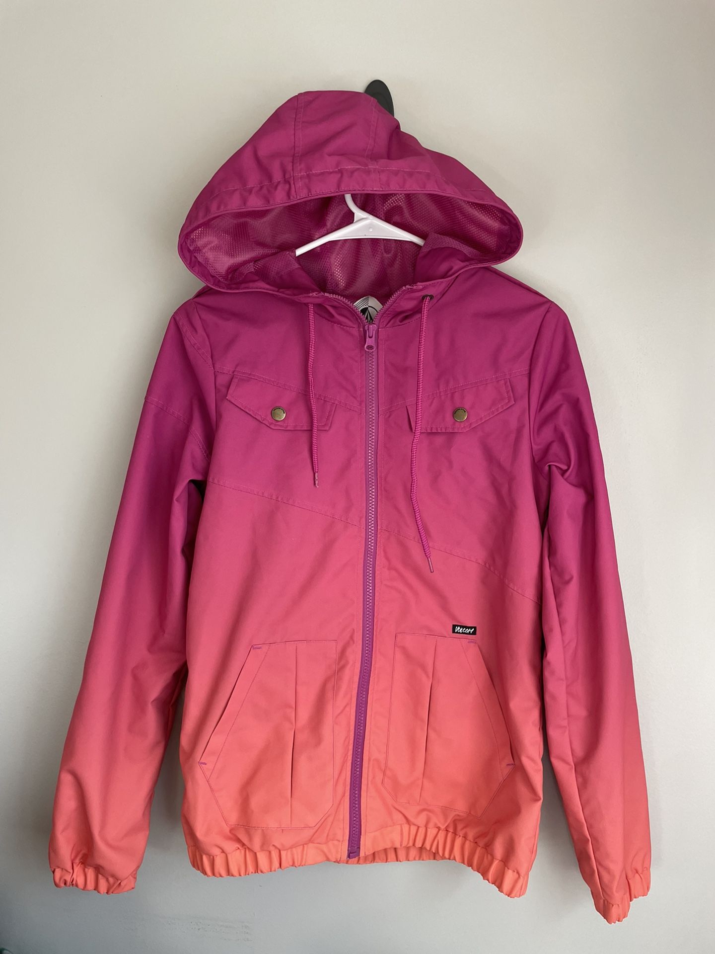 Volcom Women’s XS Hooded Raincoat Rain Jacket Ombré Sorbet Pink Peach 