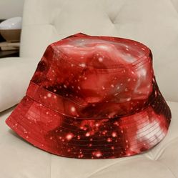 Red Cosmic Bucket Hat With Starry Pattern 