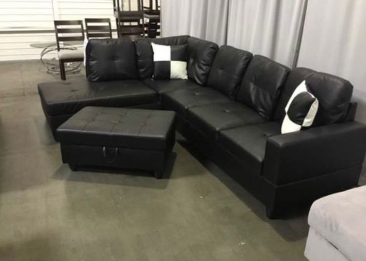 New Black Leather Sectional Sofa Couch With Storage Ottoman And Pillows