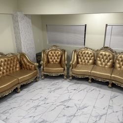 French Tufted Gold Leather 3-Piece Sofa Set Couches