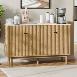 Fluted Buffet Cabinet with Storage, Accent Sideboard Modern Credenza with 4 Doors & Adjustable Shelves, Coffee Bar Console Table Faux Marble Top for D