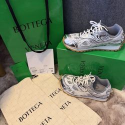 Bottega Veneta Silver Metallic Mesh & Leather Sneakers Size 40