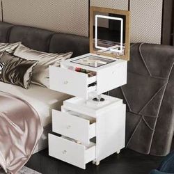 New White 360° Swivel Makeup Vanity with storage on wheels