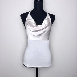  Bebe Soft White Silk/Cotton Cowl Neck Halter Top with Beading And Down Feathers