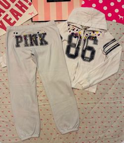 VS PINK VINTAGE Y2K SET ZIP UP HOODIE & SWEATPANTS WHITE EMBROIDERED FLORAL 86 L