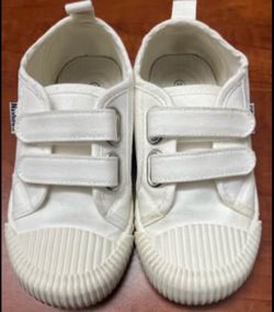 Kids White Canvas Sneakers Size 11 – Velcro Strap Toddler Shoes, Unisex