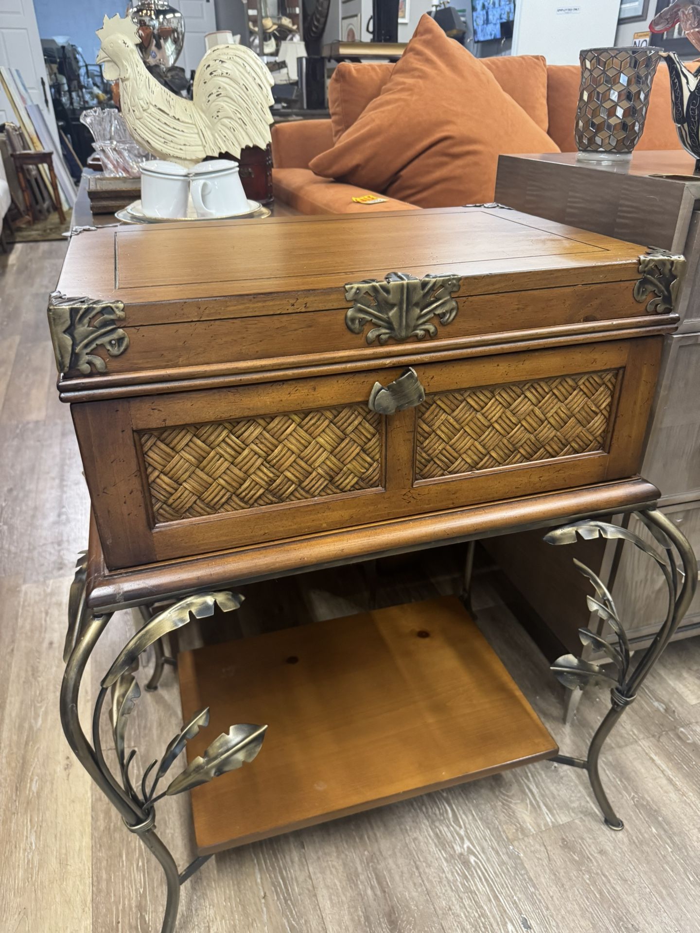 A Pair Vintage Tropical Regency Chest Style 1 Drawer Palm Leaf Iron Base Side End Night Tables- A Pair