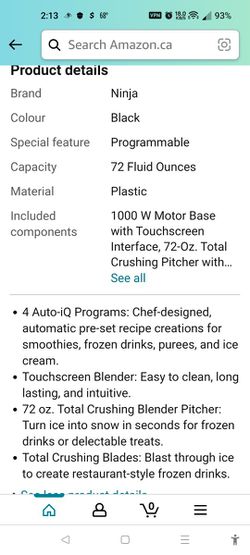 Ninja Smart Screen Blender with 1000-Watt Base, 4-Auto-iQ Programs,  Touchscreen Display, Total Crushing Pitcher, (CT650), Black