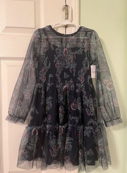Girls Floral Print A-Line Mesh Long Sleeve Dress, Spring Easter Tiered Lace Formal Casual Dress, Dark Blue Purple Flowers, Size Small 6/7 *Brand New*