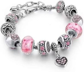 Pink Hearts Silver Plated Charm Bracelet Set Brand New in Box