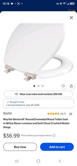 Mayfair BentonÂ® Round Enameled Wood Toilet Seat in White Never Loosens and Soft Close Crushed Nickel Hinge