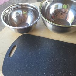 Stainless steel bowls and cutting board