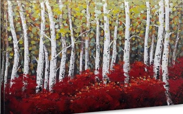 Tree Of Life Wall Art - Birch Tree Canvas Print, Green And Red leaves Nature Landscape Painting, Modern Abstract Artwork Forest Picture, Tree Poster F
