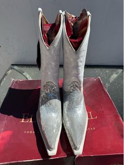 El General 1901 Sequin Cowboy Boots Mens 8.5 White Silver Pointed Toe Western