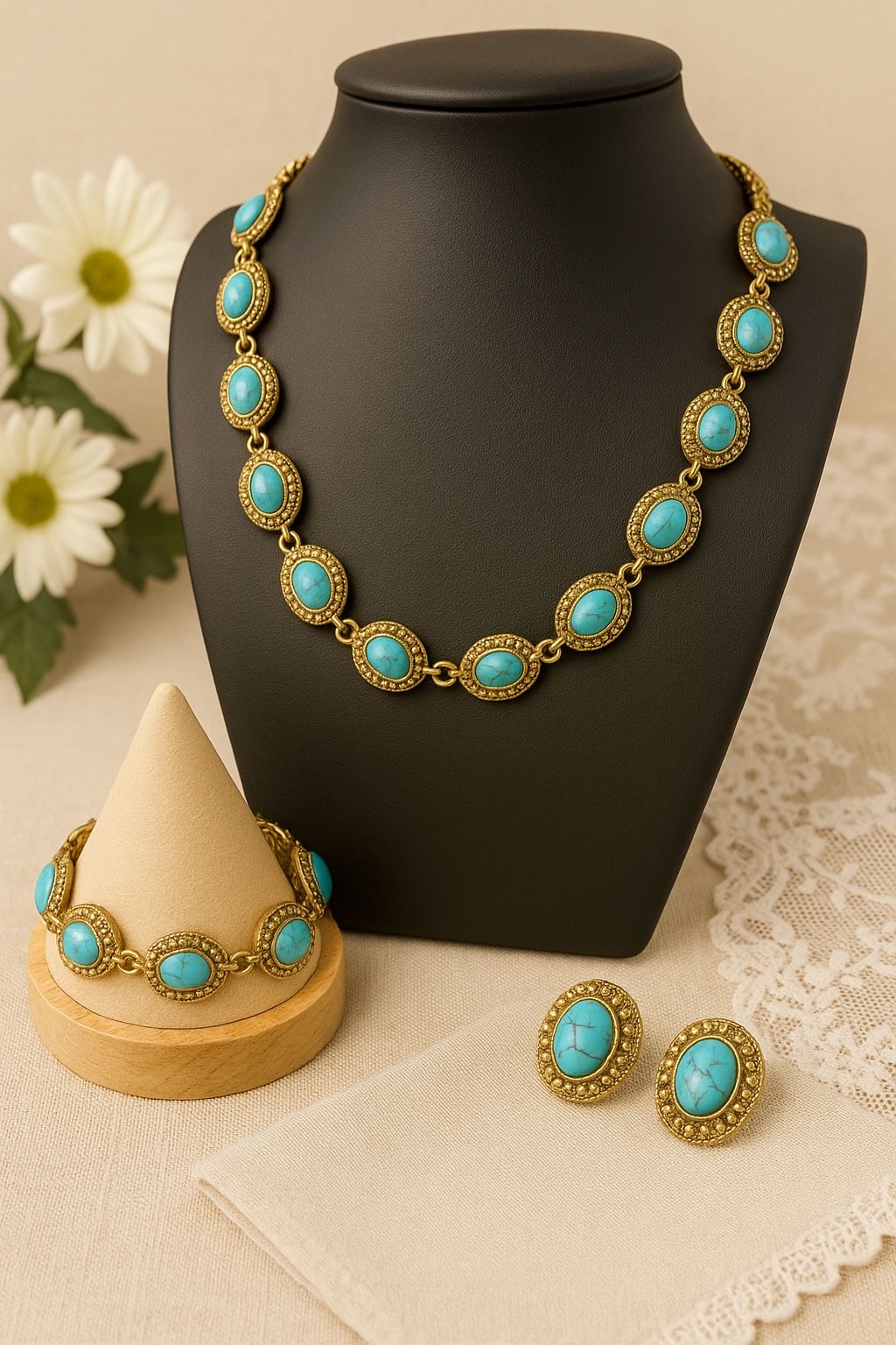 Vintage Y2K Gold Tone Turquoise Statement Jewelry Set Necklace Bracelet Earrings