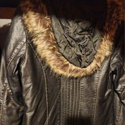 CUT E! size Small Hooded Short Brownish/black Leather Coat