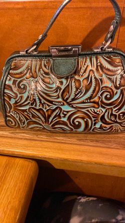 Tooled Leather Handbag Turquoise and Brown
