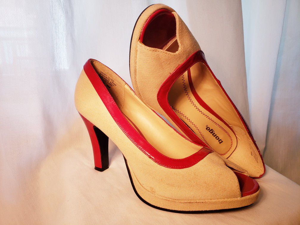Retro Bongo “Bella” Fabric Pumps with Red Patent Leather 