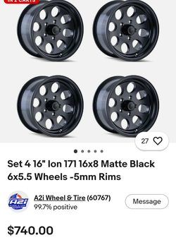 Set 4 16" lon 171 16x8 Matte Black 6x5.5 Wheels -5mm Rims