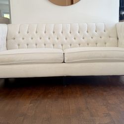 White Linen Sofa Tufted